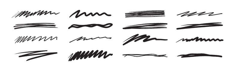 Collection of black hand drawn grunge brush strokes. Underline stroke brush set pencil crayon lines mark brush lines paint vector stroke. Hand drawn charcoal pencil underline vector illustration.