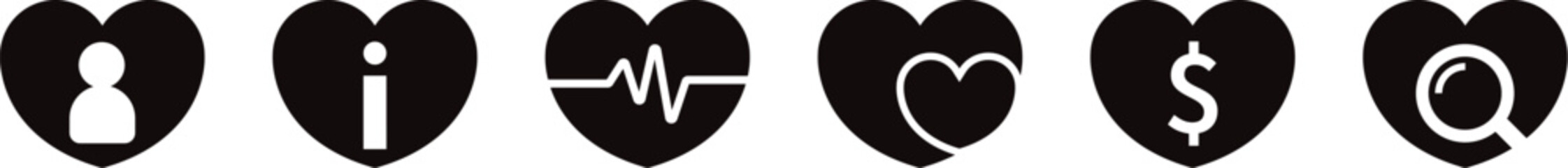 Black heart-shaped logo featuring a heartbeat waveform, a smaller heart inside, all set against a white background. Heart Pulse Icons - Multi Series. Medical Heart icon set, vector illustration