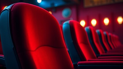 A cozy red velvet movie theater seat, dimly lit with a blurred background of the theater.