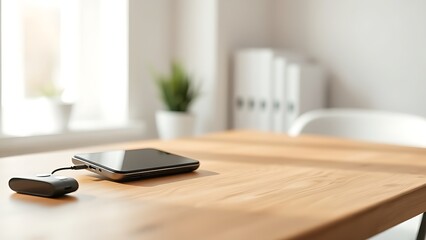 Minimalist workspace featuring a closed device on a wooden table, exuding calm and productivity in warm tones.