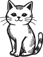Cat Doodle Black and White Illustration Vector Image Cute Kitten Sketch Line Art Drawing Silhouette