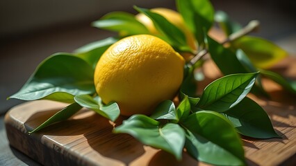 Fresh lemon with green leaves on a wooden board, bathed in natural morning light for a vibrant citrus still life.