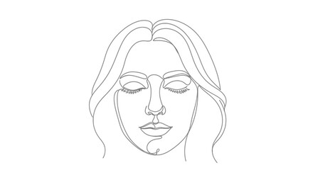 Elegant linear portrait of a serene woman with flowing hair and closed eyes
