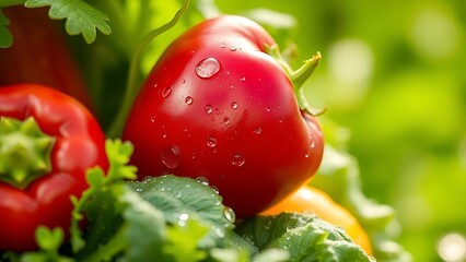 A close-up of fresh organic vegetables with dewdrops, highlighting vibrant natural produce.