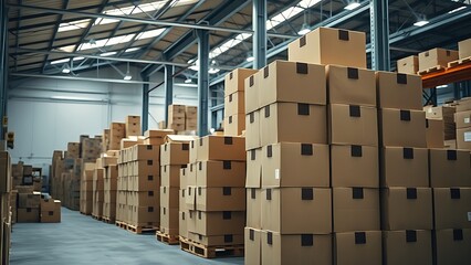 Neatly stacked cardboard boxes in a warehouse, representing organization and efficiency in an industrial space.