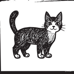 Cat Doodle Black and White Illustration Vector Image Cute Kitten Sketch Line Art Drawing Silhouette