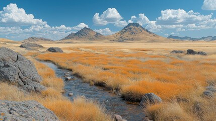 Serene Stream and Golden Grasslands Under a Blue Sky, Majestic Mountains in the Background