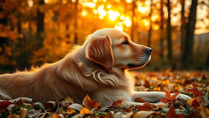 Golden retriever resting among autumn leaves, bathed in warm sunset light highlighting its fur details.