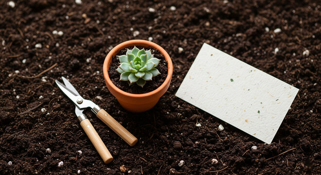 A business card mockup is placed in rich soil next to a freshly potted succulent, with gardening tools nearby, perfect for a landscaping or plant brand.