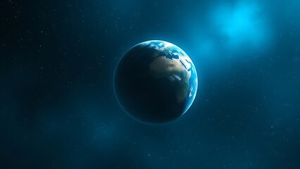 Earth floating in a starry cosmos with a glowing blue atmosphere, surrounded by ethereal nebula lighting.