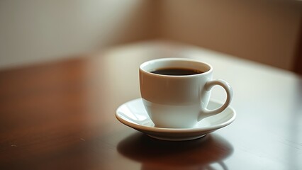 A warm and inviting coffee cup on a table with a shallow focus.