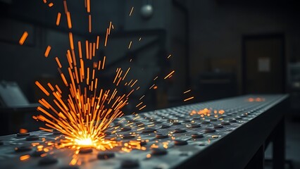 Dramatic industrial scene with fiery orange sparks rising against a dark workshop backdrop, intense lighting from above.
