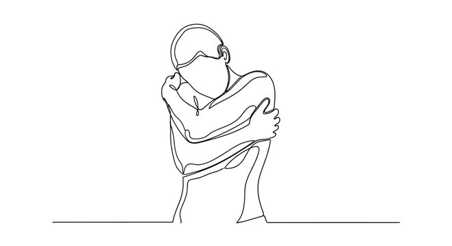 Naklejki Continuous line art of a person embracing themselves symbolizing self-love and comfort
