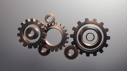 Abstract mechanical gears in metallic tones, minimalist geometric shapes on gradient background, conceptual technology theme.