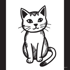 Cat Doodle Black and White Illustration Vector Image Cute Kitten Sketch Line Art Drawing Silhouette