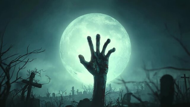 Spooky Halloween animation: zombie hand emerges from grave under full moon, loop for horror intro or backdrop