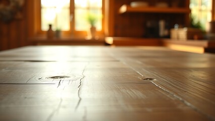 Close-up of a wooden kitchen table with warm lighting and a softly blurred background.