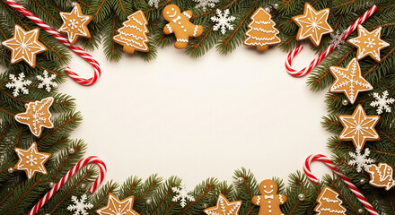 A festive Christmas border with gingerbread cookies, candy canes, and fir branches on a white background, creating a cheerful holiday mockup.