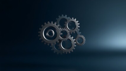 Floating mechanical gears on a gradient background with metallic reflections and studio lighting.