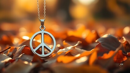 Silver peace pendant on autumn leaves, softly lit with golden sunset tones in the background.