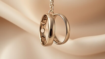 Elegant wedding rings suspended against fabric, reflecting light with timeless beauty.
