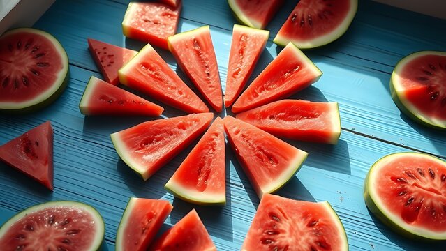 Circular arrangement of fresh watermelon slices on a rustic blue wooden surface, bathed in natural daylight.
