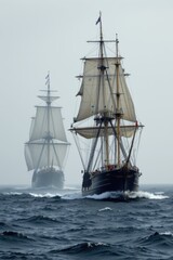 Fototapeta premium Traditional Sail Ships Gliding Through Open