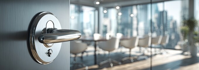 A modern, brushed metal door handle on a gray office door, revealing a blurred view of a conference room with city views beyond