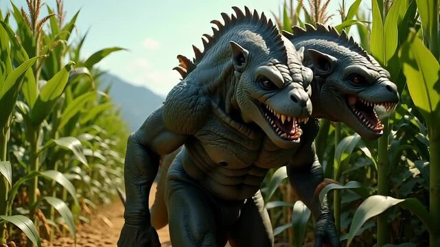 Terrifying two-headed creature emerges from lush cornfield, menacingly baring sharp teeth