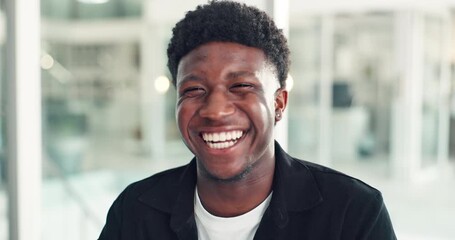 Business, face and laughing with black man in office for reaction to funny joke or good news. Comedy, humor and satisfaction with happy African employee in workplace for internship or opportunity