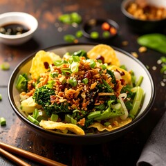 A bowl of vibrant green kale and vegetables, topped with crispy fried onions and a savory sauce, is beautifully presented on a dark surface.