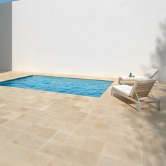 Fototapeta premium Modern Minimalist Plunge Pool: Serene Beige Tile Patio, White Loungers, Sunny Day