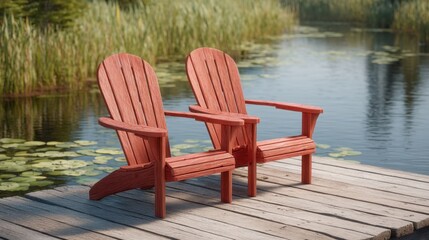 Obraz premium Two red wooden Adirondack chairs on a wooden dock by a serene pond surrounded by lush greenery and tranquil lily pads, perfect for outdoor relaxation