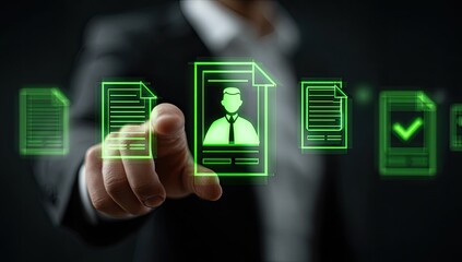 Close-up of a person in a suit interacting with glowing green document and profile icons