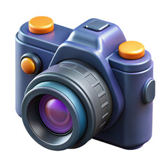 A blue camera with orange buttons isolated on transparent background, a photography tool
