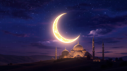 Ramadan kareem crescent moon glowing mosque photos