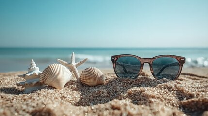 Obraz premium Seashells, Sunglasses, and Summertime Serenity on a Tropical Beach