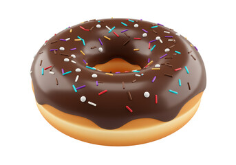 Isolated chocolate donut with sprinkles is ready for a commercial bakery display setup