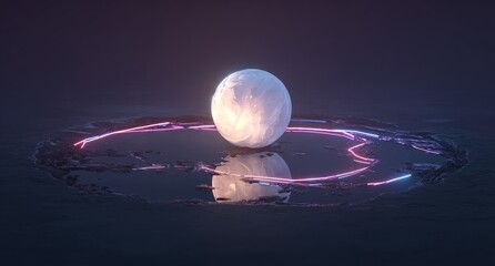 Sphere resting on reflective pool, vibrant light trails