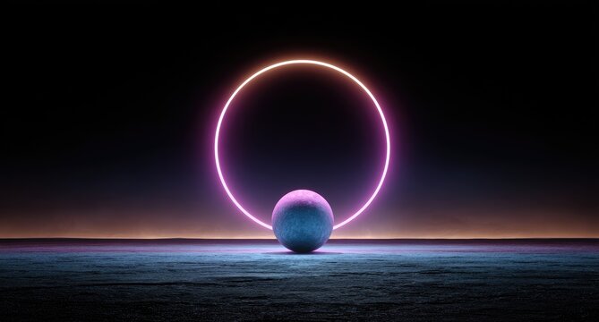Neon circle framing sphere on dark landscape