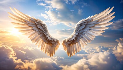 Obraz premium A pair of magnificent angel wings spreads wide against a backdrop of golden sunlight and fluffy clouds, evoking a sense of peace and wonder.