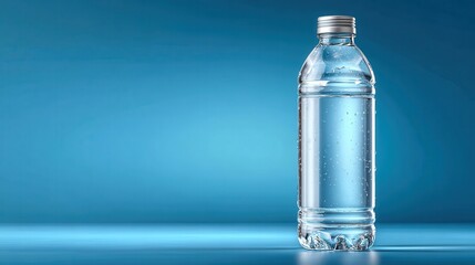 Clear plastic water bottle on a blue background. The bottle is mostly empty, and there are small bubbles visible in the water.