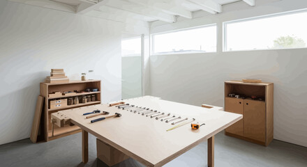 Craftsman's haven, meticulous workspace with tools, cabinet, and natural light