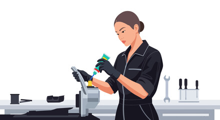 Dedicated female mechanic applying lubricant to machinery component carefully