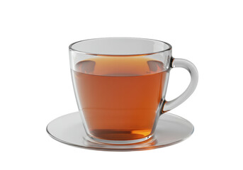 Isolated clear glass teacup with saucer filled with a warm beverage perfect for a break