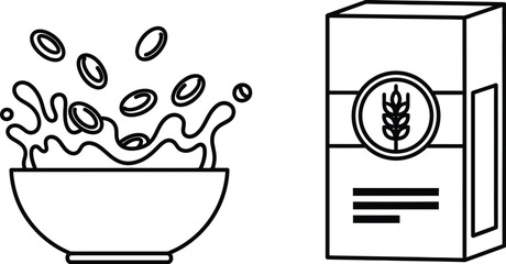 Outline cereal bowl with milk splash and box breakfast nutrition