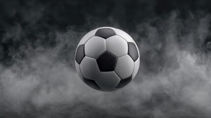 Dynamic Soccer Ball in Mid-Air Surrounded by Mysterious Smoke Effect with Dramatic Lighting Ideal for Sports-themed Designs and Illustrations