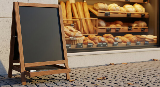 A blank wooden A-frame chalkboard sign stands on a sidewalk in front of a bakery window filled with fresh bread and pastries.