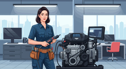Female mechanic examining an engine with a tool in a modern workshop