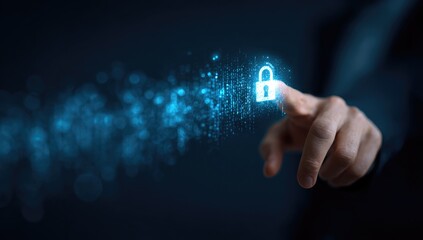 A hand touches a glowing padlock icon, digital particles swirl around it
